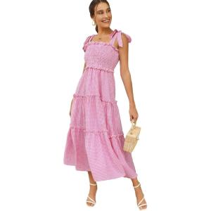 imageFloerns Womens Floral Print Tie Strap Square Neck Ruffle Boho Maxi DressPink