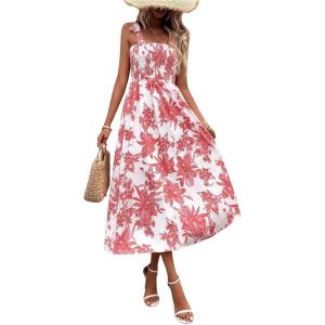 imageFloerns Womens Floral Print Tie Strap Square Neck Ruffle Boho Maxi DressRed and White