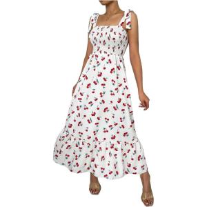 imageFloerns Womens Floral Print Tie Strap Square Neck Ruffle Boho Maxi DressWhite Cherry