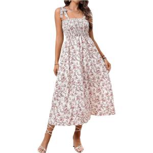 imageFloerns Womens Floral Print Tie Strap Square Neck Ruffle Boho Maxi DressWhite Ivory