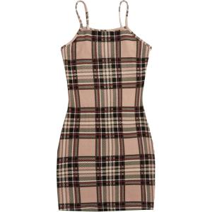 imageFloerns Womens Plaid Print Mini Cami Bodycon DressCamel Khaki