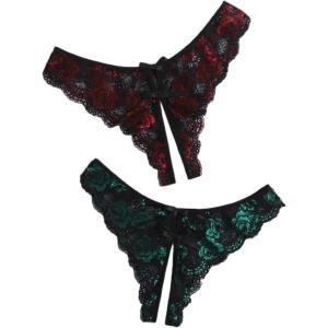 imageFloerns Womens Plus Size 2 Pack Lace Seamless VStrings Thong Panties SetRed and Green