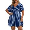 imageFloerns Womens Plus Size Striped Print Wrap V Neck Short Sleeve A Line DressBlue White Striped