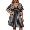 imageFloerns Womens Plus Size Striped Print Wrap V Neck Short Sleeve A Line DressDark Black