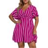 imageFloerns Womens Plus Size Striped Print Wrap V Neck Short Sleeve A Line DressHot Pink