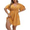 imageFloerns Womens Plus Size Striped Print Wrap V Neck Short Sleeve A Line DressYellow