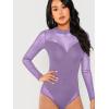 imageFloerns Womens Sheer Mesh Long Sleeve Stretchy Bodysuit JumpsuitPurple