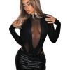 imageFloerns Womens Sheer Mesh Long Sleeve Stretchy Bodysuit JumpsuitPure Black