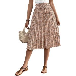 imageFloerns Womens Floral Printed Elastic Waist A Line Pleated Ruffle Midi SkirtApricot Floral