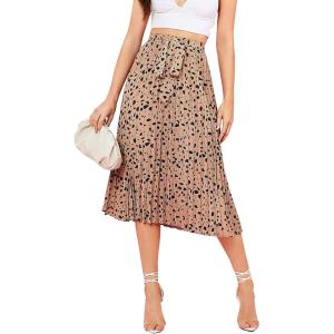 imageFloerns Womens Floral Printed Elastic Waist A Line Pleated Ruffle Midi SkirtBrown Dots