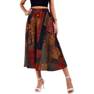 imageFloerns Womens Floral Printed Elastic Waist A Line Pleated Ruffle Midi SkirtBrown Multi