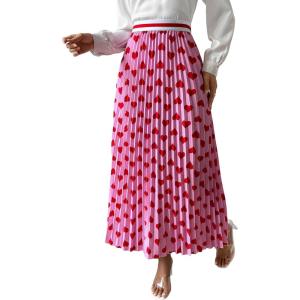 imageFloerns Womens Floral Printed Elastic Waist A Line Pleated Ruffle Midi SkirtPink Red Heart
