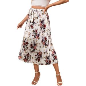 imageFloerns Womens Floral Printed Elastic Waist A Line Pleated Ruffle Midi SkirtWhite Floral