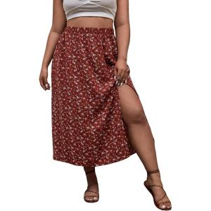 imageFloerns Womens Plus Size Boho Floral High Waist Split Thigh A Line Midi SkirtA Burgundy