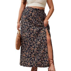 imageFloerns Womens Plus Size Boho Floral High Waist Split Thigh A Line Midi SkirtBlack Brown Floral