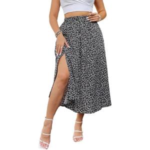 imageFloerns Womens Plus Size Boho Floral High Waist Split Thigh A Line Midi SkirtBlack Ink White