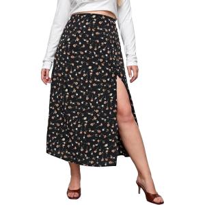 imageFloerns Womens Plus Size Boho Floral High Waist Split Thigh A Line Midi SkirtBlack Multi