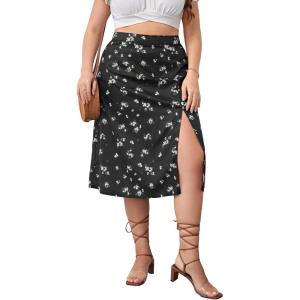 imageFloerns Womens Plus Size Boho Floral High Waist Split Thigh A Line Midi SkirtBlack Plants