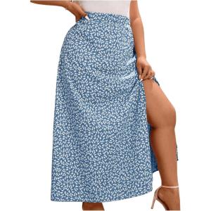 imageFloerns Womens Plus Size Boho Floral High Waist Split Thigh A Line Midi SkirtLight Blue