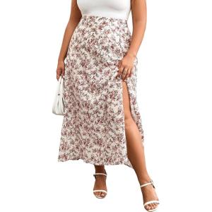 imageFloerns Womens Plus Size Boho Floral High Waist Split Thigh A Line Midi SkirtWhite Multi