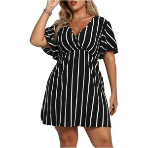 imageFloerns Womens Plus Size Striped Print Wrap V Neck Short Sleeve A Line DressBlack