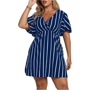 imageFloerns Womens Plus Size Striped Print Wrap V Neck Short Sleeve A Line DressBlue White Striped