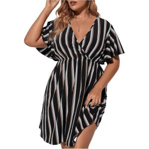 imageFloerns Womens Plus Size Striped Print Wrap V Neck Short Sleeve A Line DressDark Black