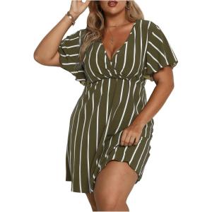 imageFloerns Womens Plus Size Striped Print Wrap V Neck Short Sleeve A Line DressGreen Striped