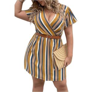 imageFloerns Womens Plus Size Striped Print Wrap V Neck Short Sleeve A Line DressMustard Yellow