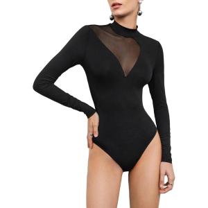 imageFloerns Womens Sheer Mesh Long Sleeve Stretchy Bodysuit JumpsuitBlack Dull