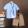 imageFloerns Boys Two Piece Outfit Button Front Shirt Top with Drawstring Shorts SetBlue and Brown