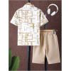 imageFloerns Boys Two Piece Outfit Button Front Shirt Top with Drawstring Shorts SetKhaki Geo