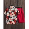 imageFloerns Boys Two Piece Outfit Button Front Shirt Top with Drawstring Shorts SetRed Floral