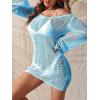 imageFloerns Womens Crochet Cover Up Long Sleeve Hollow Out Bikini Swimsuit Beach Cover Up SwimwearBlue