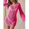 imageFloerns Womens Crochet Cover Up Long Sleeve Hollow Out Bikini Swimsuit Beach Cover Up SwimwearHot Pink