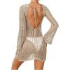 imageFloerns Womens Crochet Cover Up Long Sleeve Hollow Out Bikini Swimsuit Beach Cover Up SwimwearKhaki B