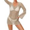 imageFloerns Womens Crochet Cover Up Long Sleeve Hollow Out Bikini Swimsuit Beach Cover Up SwimwearKhaki B