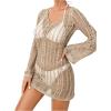 imageFloerns Womens Crochet Cover Up Long Sleeve Hollow Out Bikini Swimsuit Beach Cover Up SwimwearKhaki B