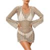 imageFloerns Womens Crochet Cover Up Long Sleeve Hollow Out Bikini Swimsuit Beach Cover Up SwimwearKhaki B