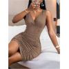 imageFloerns Womens Rhinestone Sleeveless V Neck Ruched Party Bodycon Mini DressMocha Brown