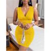 imageFloerns Womens Rhinestone Sleeveless V Neck Ruched Party Bodycon Mini DressYellow Solid