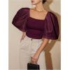 imageFloerns Womens Square Neck Puff Short Sleeve Elegant Blouse Crop TopBurgundy