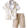 imageFloerns Boys Two Piece Outfit Button Front Shirt Top with Drawstring Shorts SetKhaki Geo