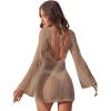 imageFloerns Womens Crochet Cover Up Long Sleeve Hollow Out Bikini Swimsuit Beach Cover Up SwimwearCamel Beige