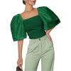 imageFloerns Womens Square Neck Puff Short Sleeve Elegant Blouse Crop TopDark Green