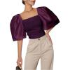 imageFloerns Womens Square Neck Puff Short Sleeve Elegant Blouse Crop TopRed Violet