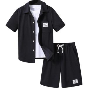 imageFloerns Boys Two Piece Outfit Button Front Shirt Top with Drawstring Shorts SetBlack