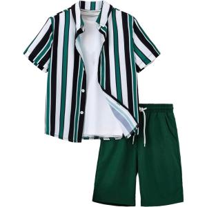 imageFloerns Boys Two Piece Outfit Button Front Shirt Top with Drawstring Shorts SetGreen