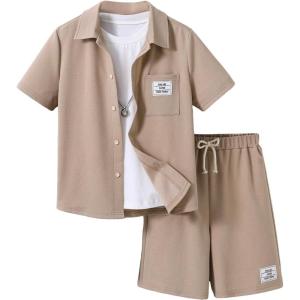 imageFloerns Boys Two Piece Outfit Button Front Shirt Top with Drawstring Shorts SetKhaki