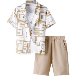 imageFloerns Boys Two Piece Outfit Button Front Shirt Top with Drawstring Shorts SetKhaki Geo